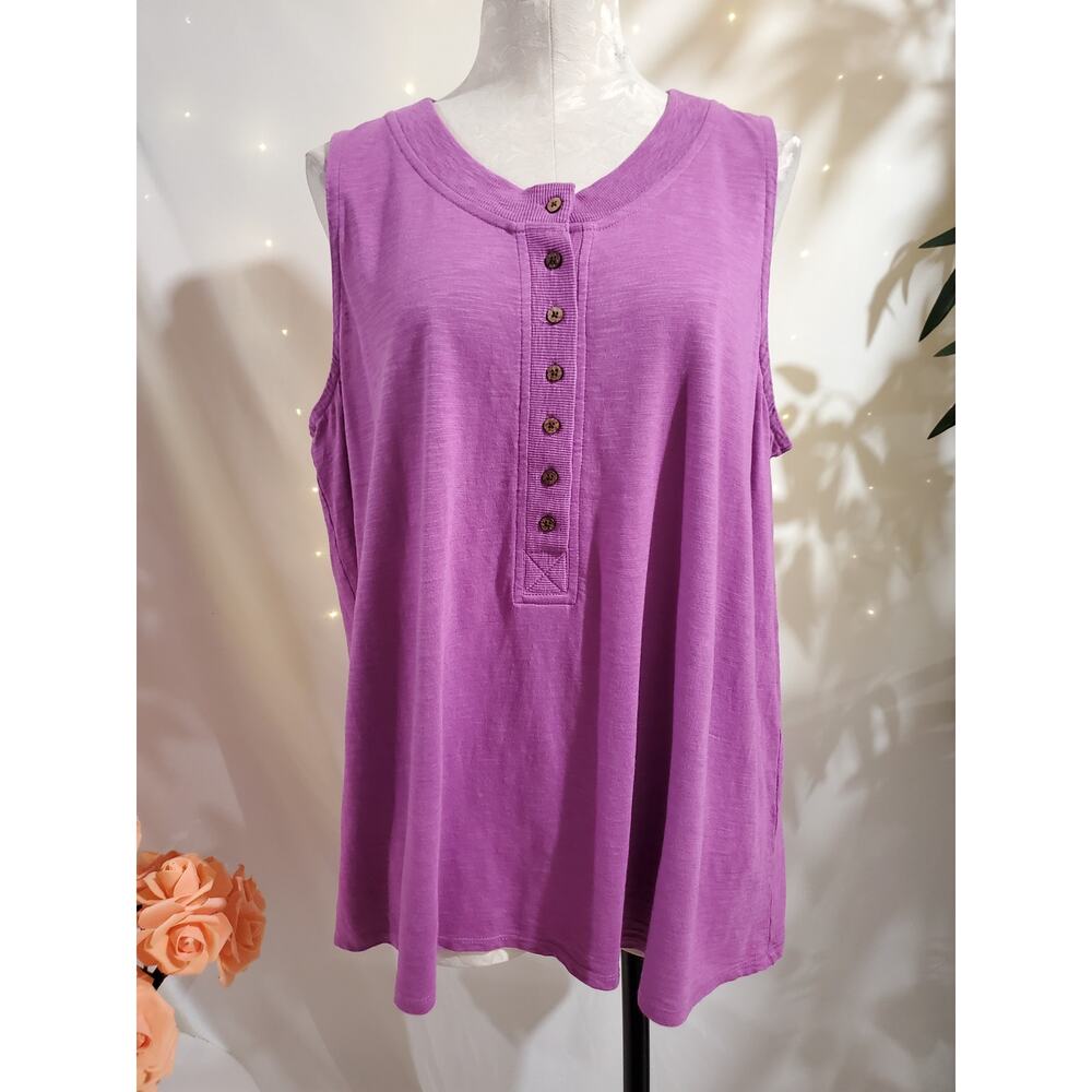 J Jill Womens Rib Trim Henley Tank Top Size XL Pink Soft Cotton Tencel Modal